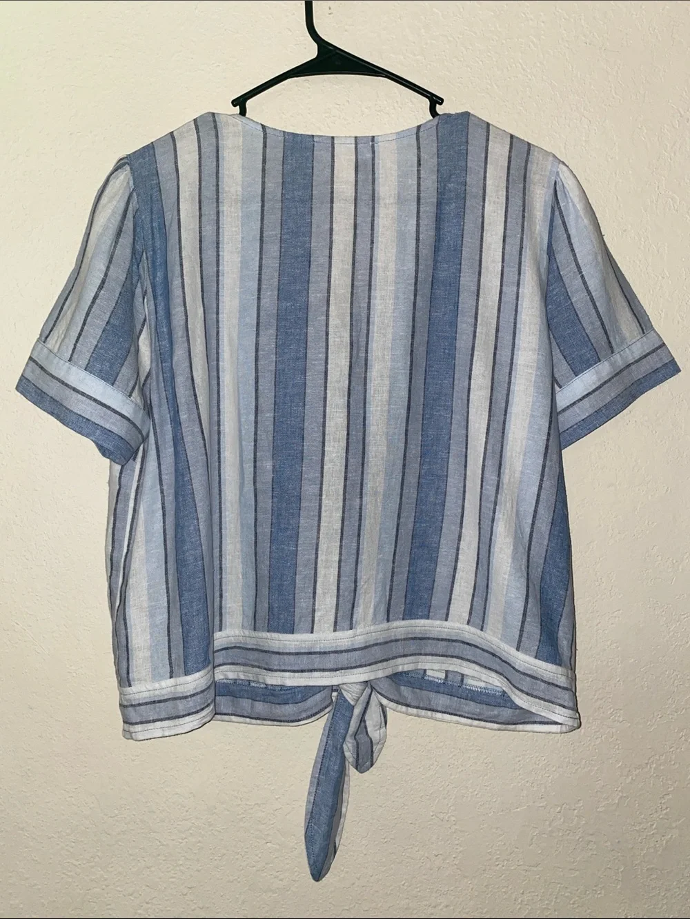 Michael Kors Blue and White Striped Tie-Front Button Linen Blend Blouse